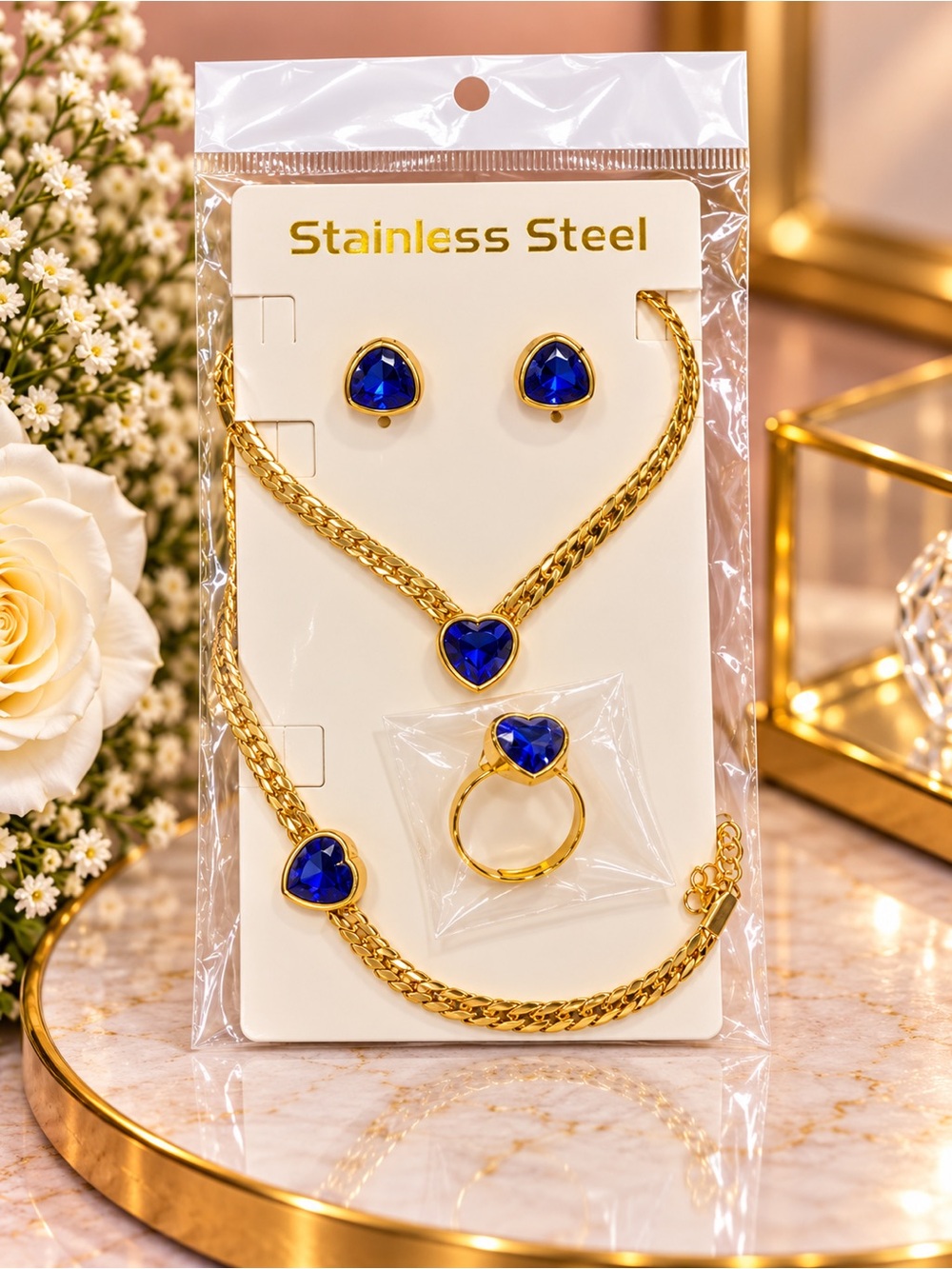 Gold-Tone Jewelry Set with Blue Heart Stones